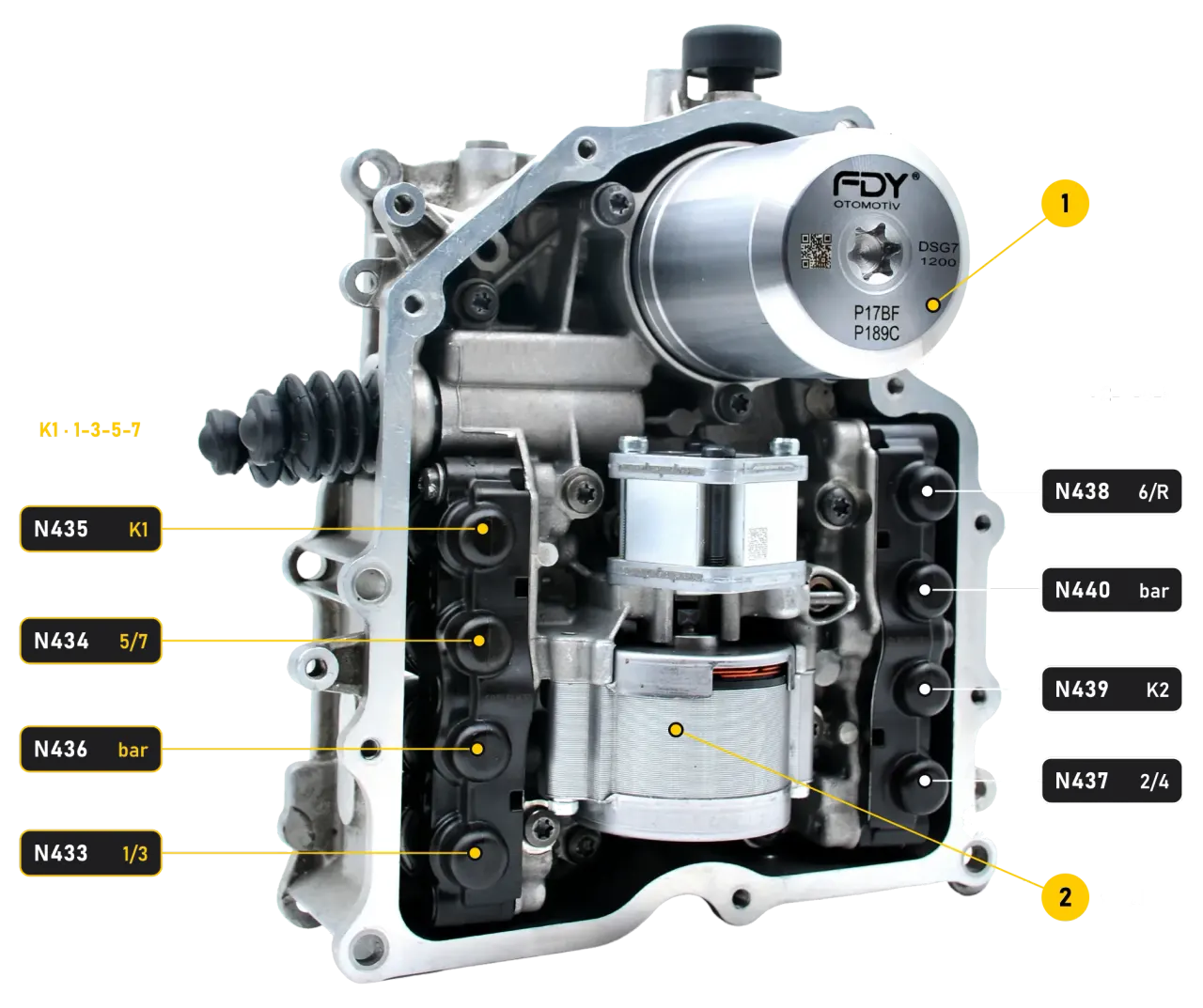 DQ200 mekatronik haritası: N433–N440 solenoid valfleri, V401 hidrolik pompa ve basınç tüpünün yerleri