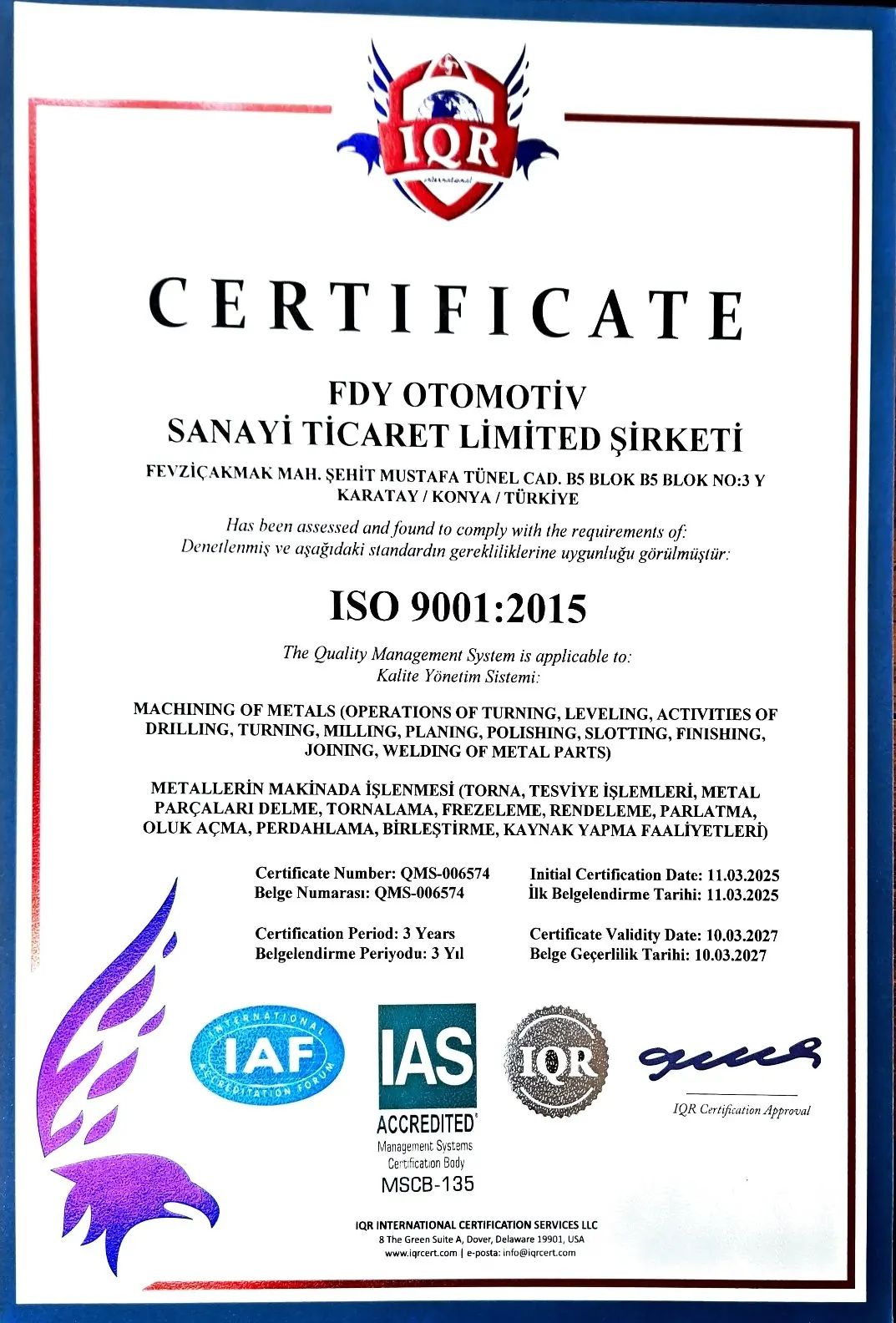 FDY Otomotiv ISO sertifikası — fotoğraf 1