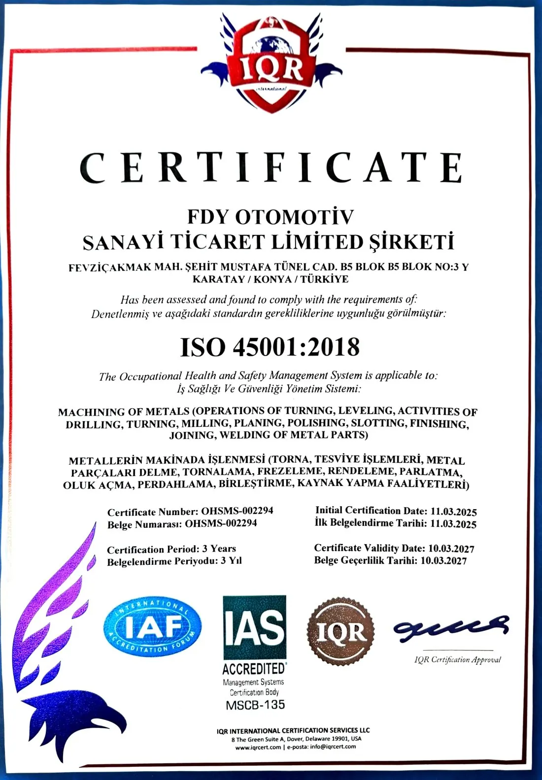 FDY Otomotiv ISO sertifikası — fotoğraf 3