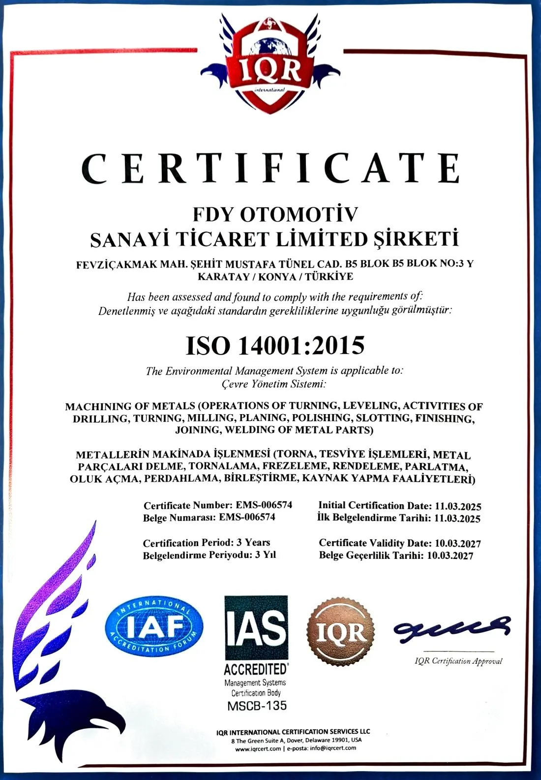 FDY Otomotiv ISO sertifikası — fotoğraf 2